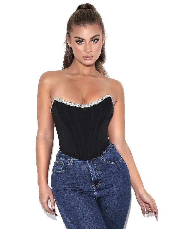 Black Corset Top With Crystal Trim Confident Women's High - fashion