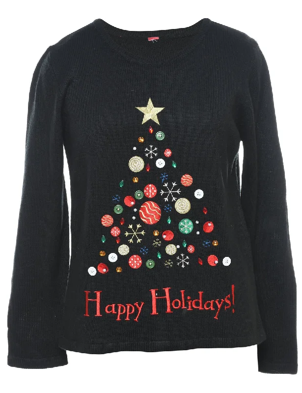Christmas Tree Print Jumper - L Cozy Women's Winter