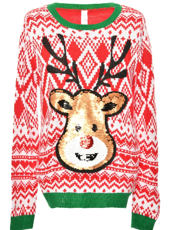 Green & Red Reindeer Design Christmas Jumper - XL Athletic Women's High - 