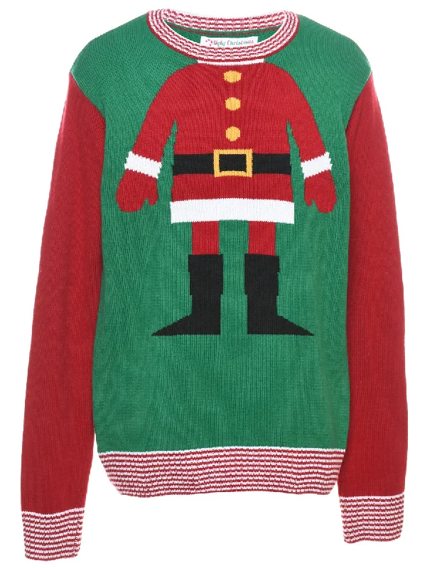 Green & Red Santa Design Christmas Jumper - M Athletic Women's 