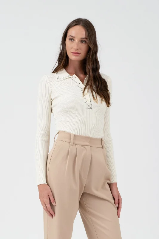 CONTRAST STITCH COLLARED SWEATER KNIT TOP Earthy Women's Hemp - based