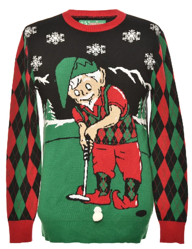 Black, Red & Green Argyle Design Christmas Jumper - S Classic Women's Tweed