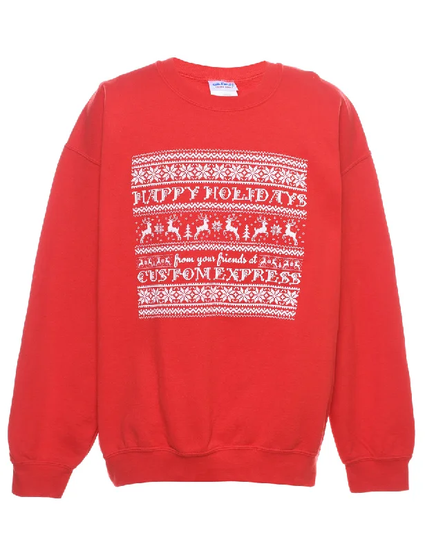 Red Christmas Sweatshirt - L Casual Women's Loose - fitting