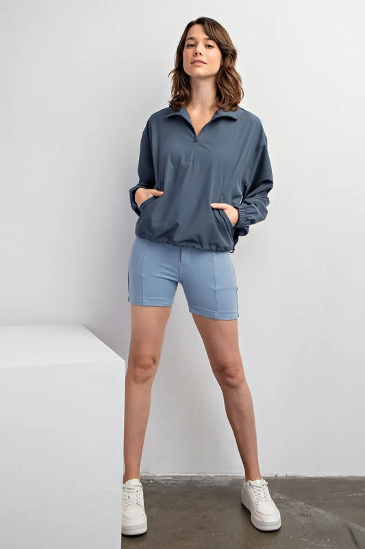 HEAVY POLY STRETCH WOVEN QUARTER ZIP TOP WITH COLLAR BLUE Refined Women's Hand - crafted
