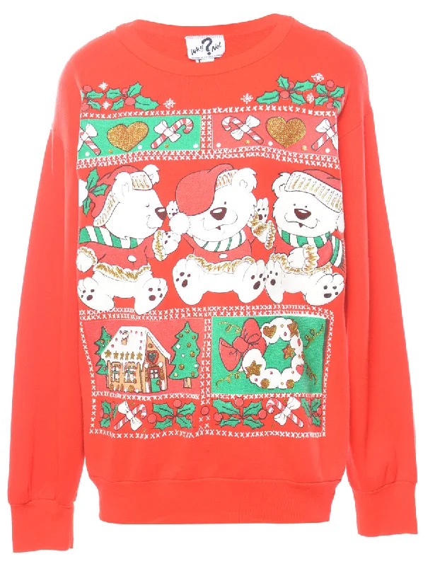 Teddy Bear Print Christmas Sweatshirt - L Sustainable Organic
