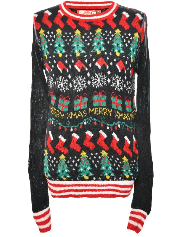 Multi-Colour Patterned Christmas Jumper - M Unique Women's Upcycled