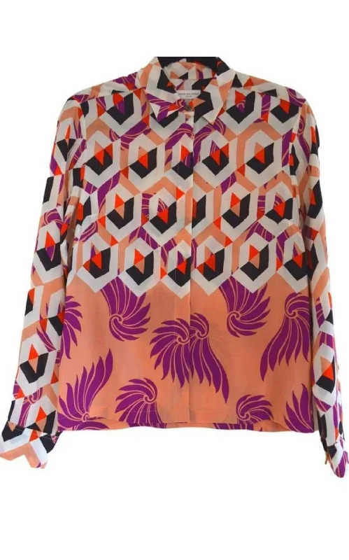 Multicolor Floral Geometric Print Silk Shirt Feminine Women's Style 