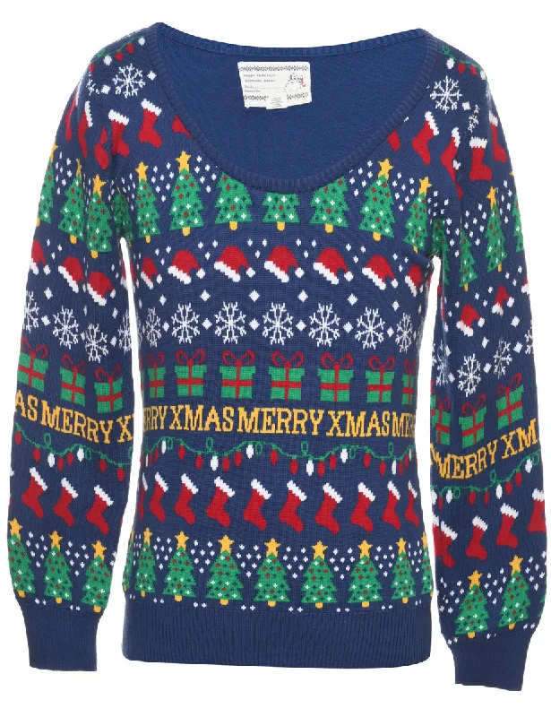 Blue Christmas Jumper - L Dapper Women's 1920S