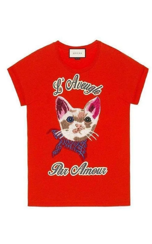 Cat Embroidered Cotton-Jersey T-shirt Unique Women's Upcycled