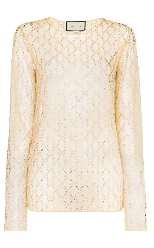 Crystal Embroidered Sheer Tulle Top Sophisticated Women's 