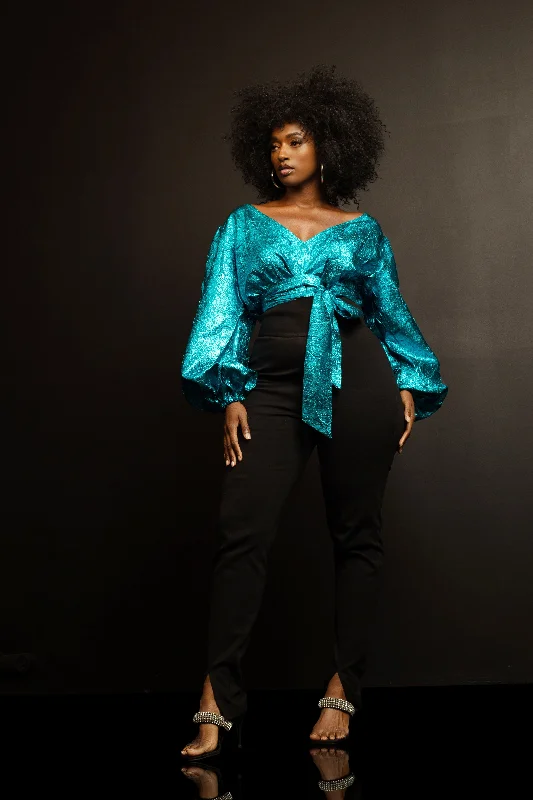 Blue Metallic Holiday Rae Crop Blouse- JIBRI Vacation