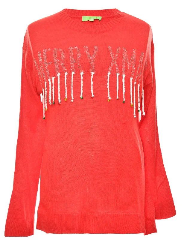 Red Embellished Christmas Jumper - M Youthful Women's Pop