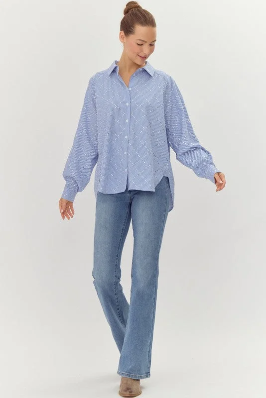 Striped & Sequins Button-up Top Classic Women's Pin - striped