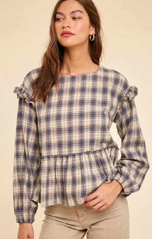 Plaid Flannel Ruffled Blouse Elegant Women's Formal 