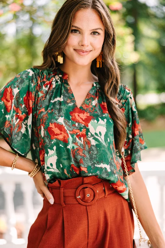 Into Your Heart Green Floral Blouse Feminine Women's Soft 