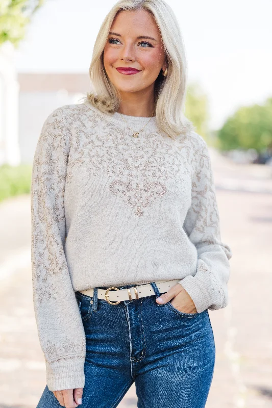 All This Time Taupe Metallic Jacquard Sweater Disco
