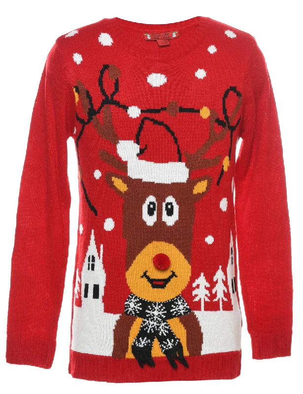 Reindeer Design Red Christmas Jumper - M Refined Women's Velvet
