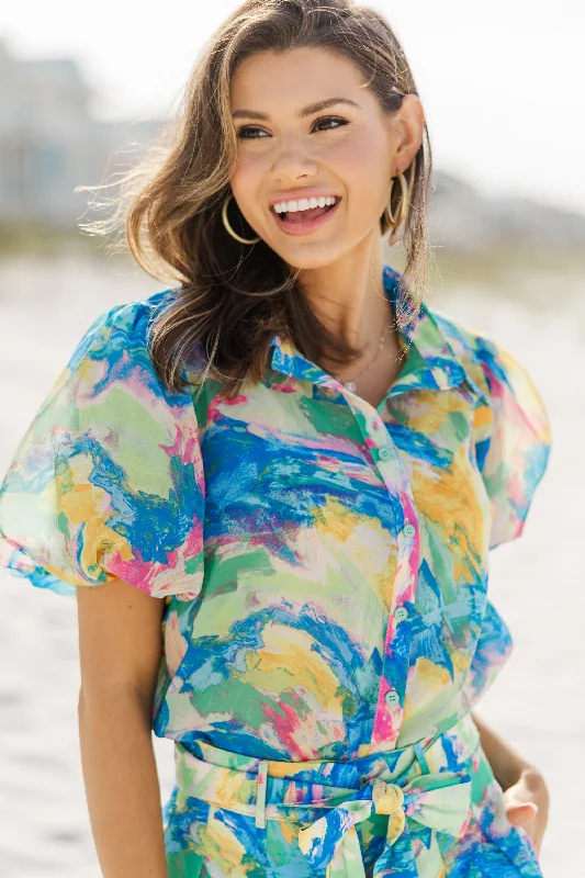 View From The Coast Green Abstract Blouse Casual Women's Japanese 