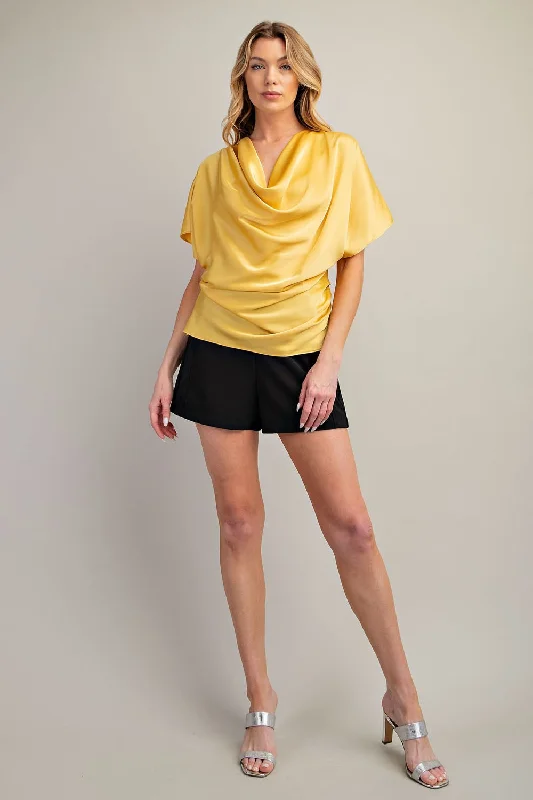 Draped Satin Cowl Neck Blouse Stylish Women's Neon