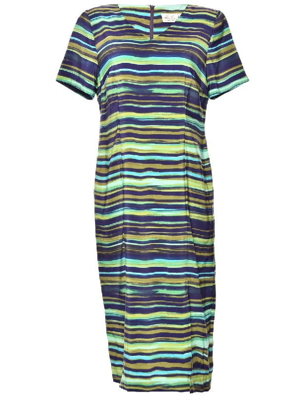 Navy & Green Striped Dress - L Sophisticated Women's Tailored