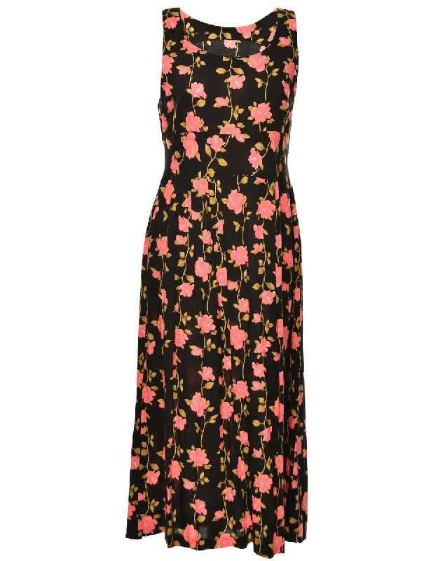 Floral Print Black & Pink Dress - L Cashmere