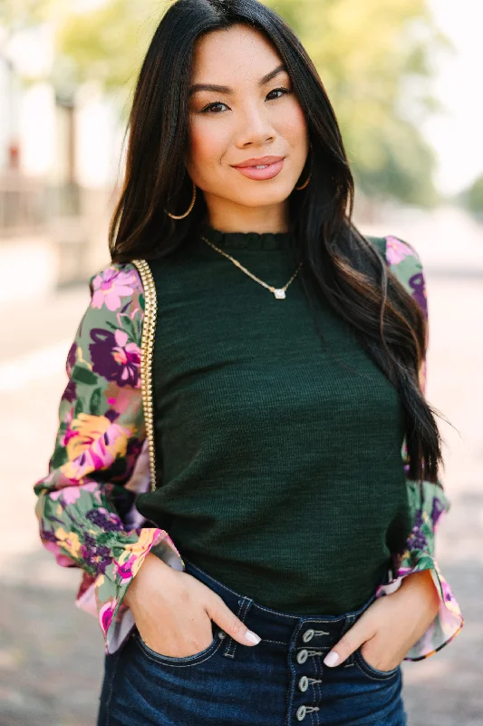 THML: Everyday Joy Green Floral Blouse Traditional Women's Wool