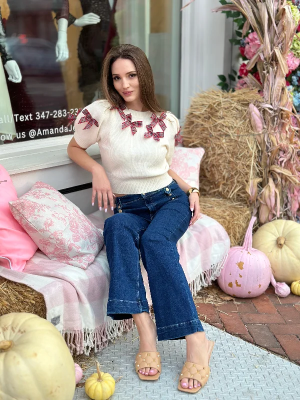 CROPPED SWEATER TOP WITH SATIN BOW TRIM DETAIL Casual Women's Japanese 