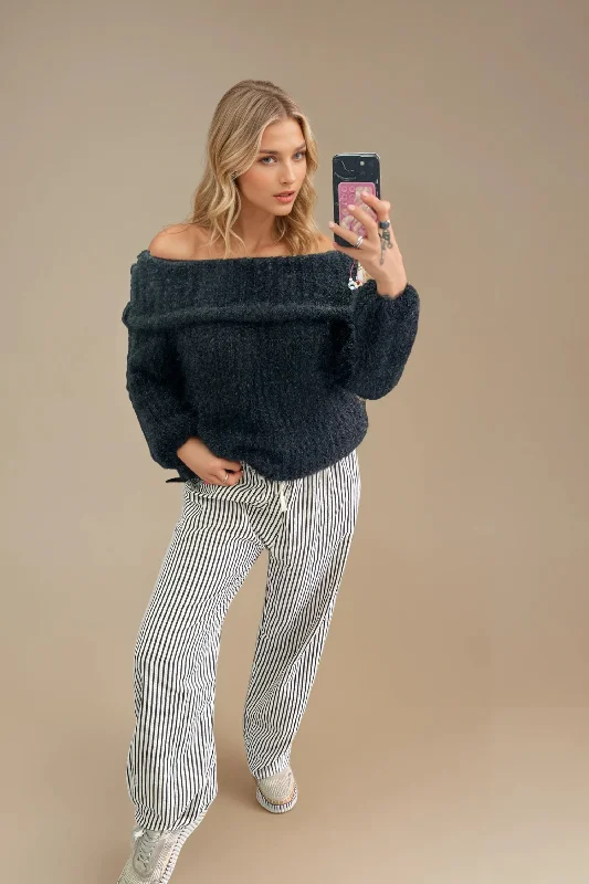 Black Chunky Knit Bardot Top Trendy Women's Oversized