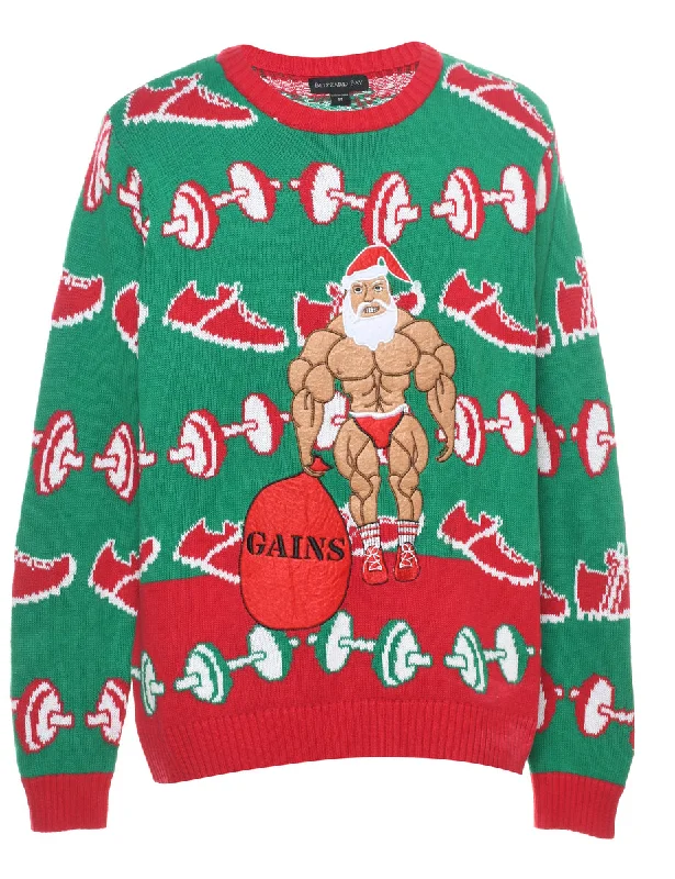 Green & Red Santa Claus Design Jumper - M Classic Women's Pin - striped