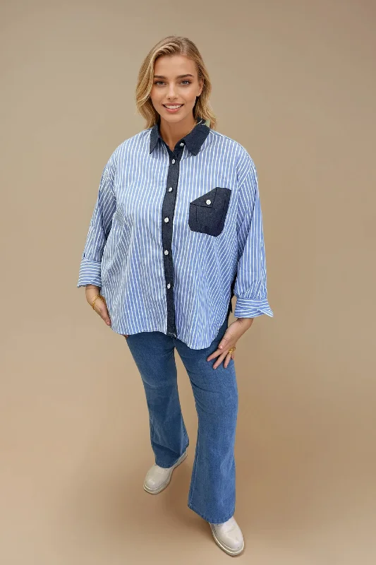 Blue Striped Shirt with Denim Contrast & Diamante Button Detai Disco