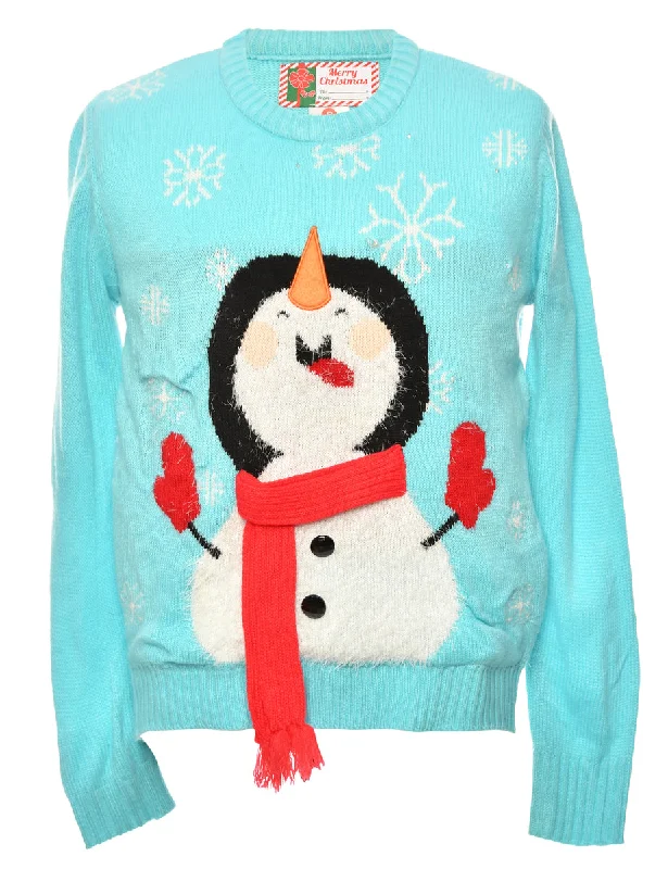 Snowman Light Blue Christmas Jumper - S Modern Women's 