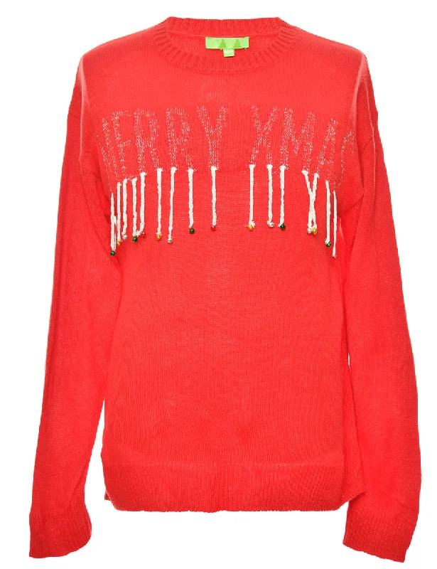 Red Classic Beaded Christmas Jumper - M Cashmere