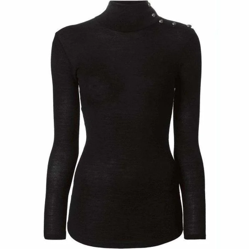 Black Wool Turtleneck Gold Buttons Sweater Modern Women's 