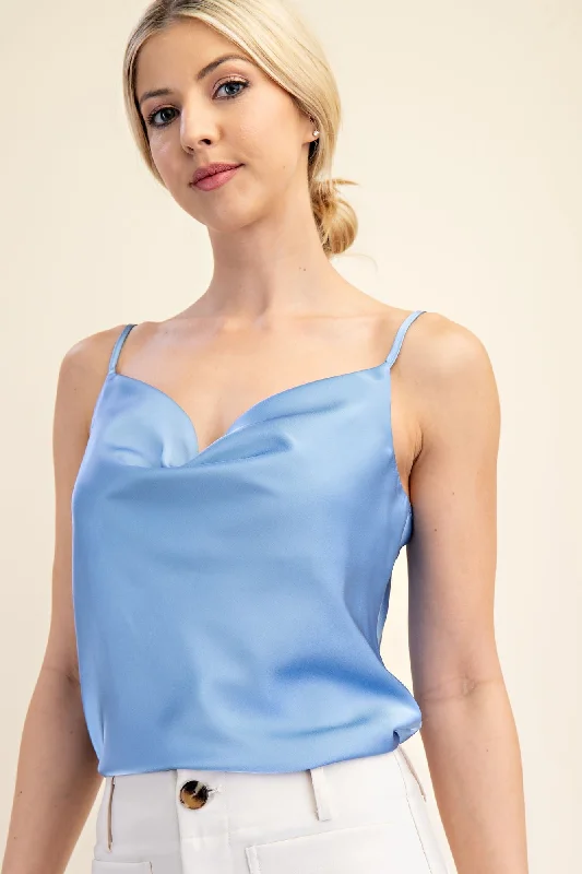 Blue Satin Cowl Neck Camisole Top Artistic Women's Hand - painted