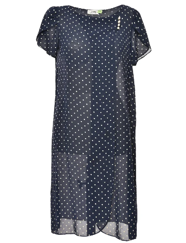 Navy & White Polka Dot Print Sheer Dress - L Relaxed Women's 