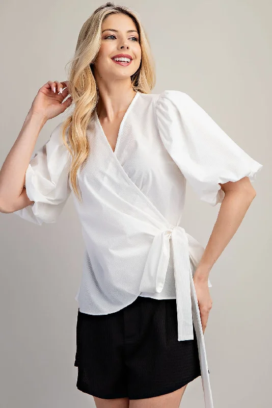 Surplice Neck Balloon Sleeve Wrap Blouse White Trendy Women's 