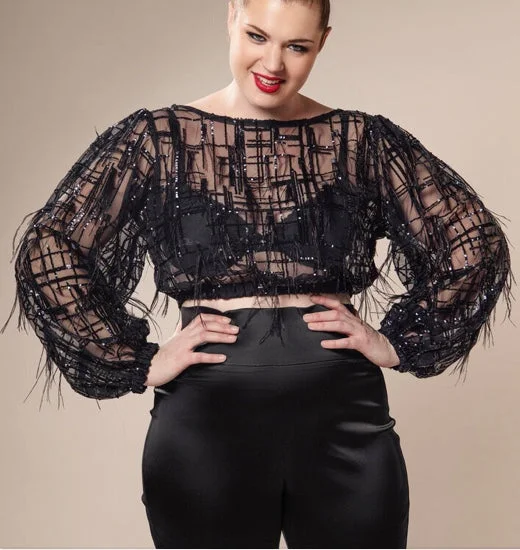 Feathered Sheer Rae Blouse w/ Sequin Detail- JIBRI Sophisticated Women's Tailored