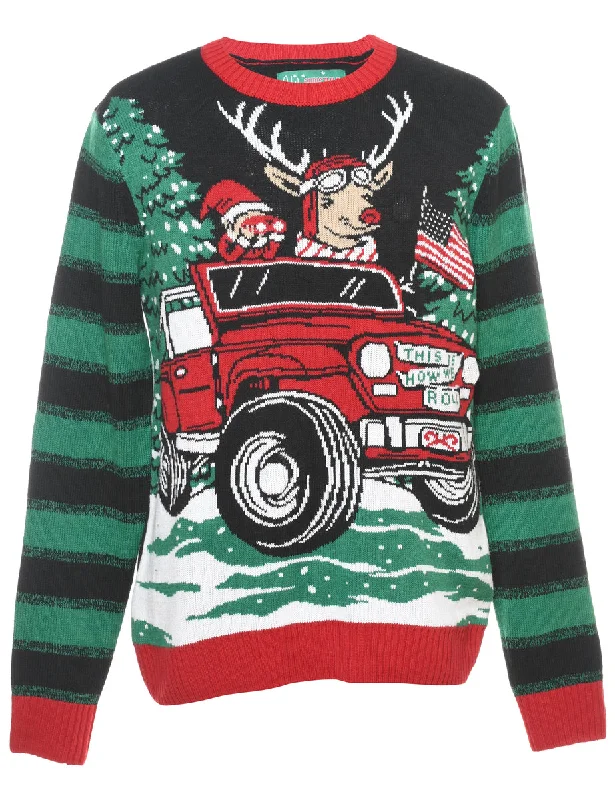 Santa Claus & Reindeer Christmas Jumper - S Relaxed Women's Beachy