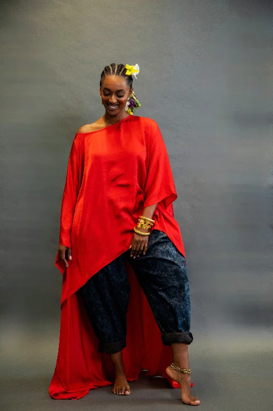 Red Hi/Lo Kaftan Blouse Youthful Women's Anime - inspired