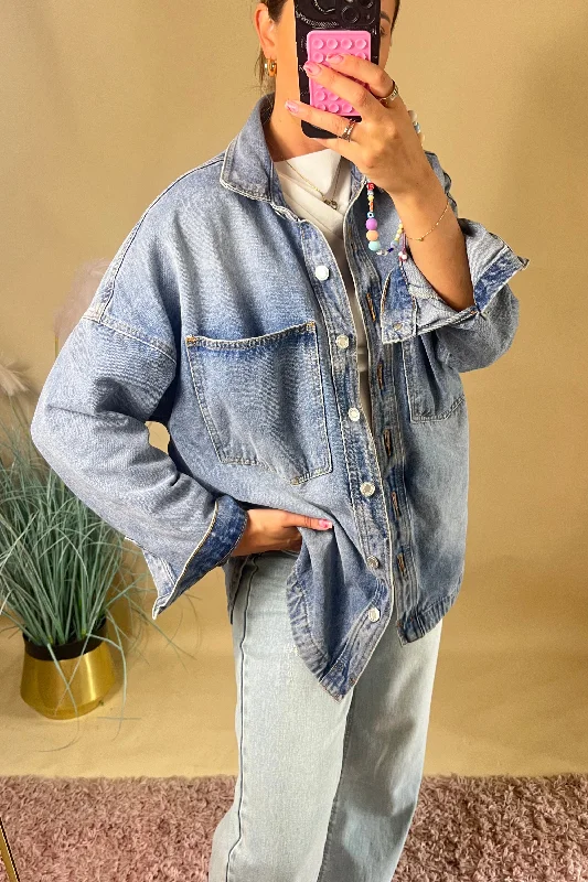Blue oversized drop shoulder denim shirt Trendy Women's 