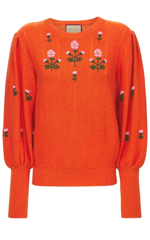Floral Embroidered Wool Blend Sweater Hip Women's Retro