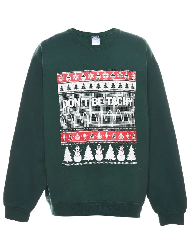 Snowman Design Dark Green & Red Christmas Sweatshirt - L Sleek Women's Metallic