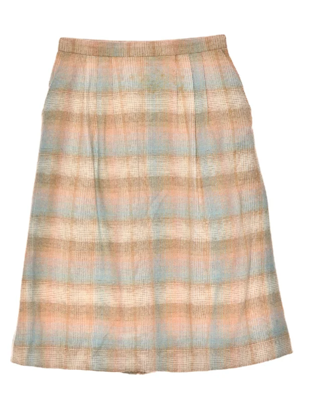 Checked Light Blue & Light Brown Midi Skirt - M Business
