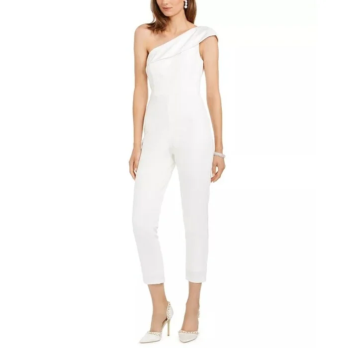 Adrianna Papell Women's One Shoulder Knit Crepe Jumpsuit Stretch Charmeuse Neckline Ivory White Size 14