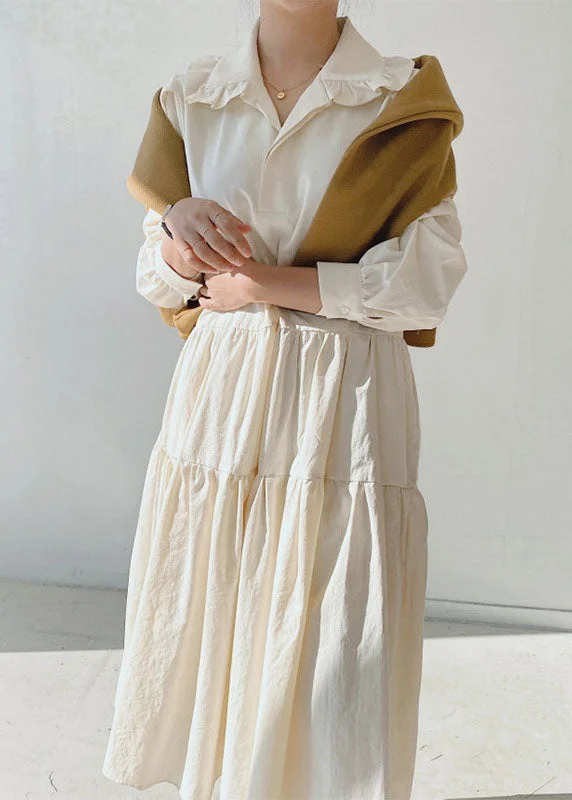 Apricot Peter Pan Collar Patchwork Cotton Long Dresses Traditional Women's Wool