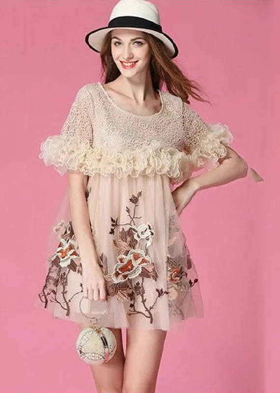 Art Beige Embroidered Ruffled Patchwork Organza Mini Dresses Short Sleeve Cashmere Art Beige Embroidered Ruffled Patchwork Organza Mini Dresses Short Sleeve Cashmere