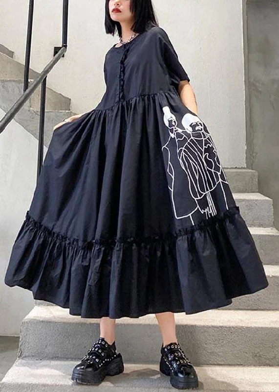 Art Black Print Cinched Pockets Summer Robe Dresses Relaxed Women's Beachy