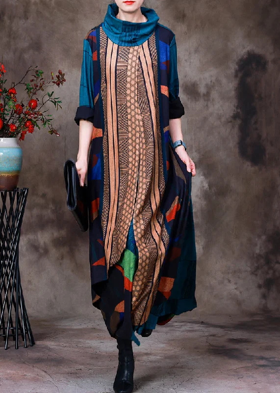 Art Blue Turtleneck Asymmetrical Print Velour Maxi Dresses Long Sleeve Dynamic Women's High - energy Art Blue Turtleneck Asymmetrical Print Velour Maxi Dresses Long Sleeve Dynamic Women's High - energy