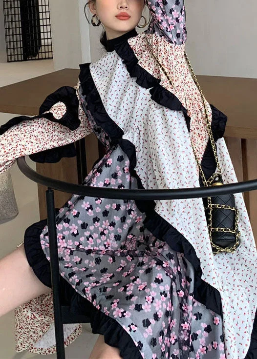 Art Colorblock Ruffled Patchwork Print Chiffon Dresses Spring Trendy Women's Oversized