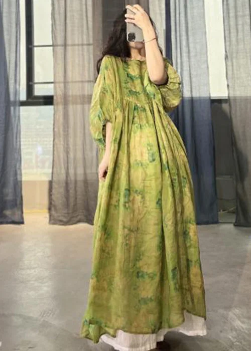 Art Green Oversized Patchwork Print Linen Long Dresses Summer Cozy Women's Winter